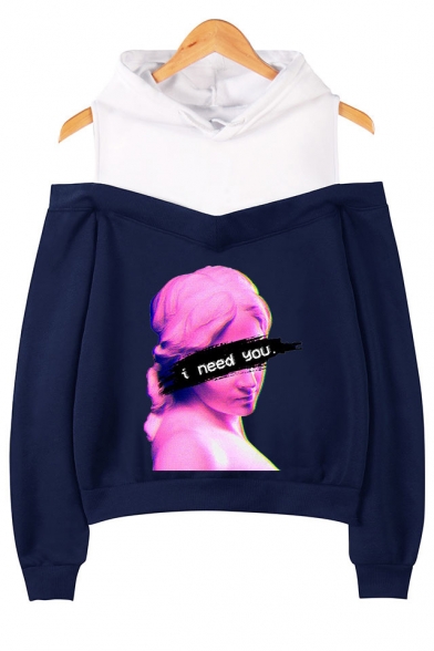 Trendy Vaporwave Cool Funny Figure Letter I NEED YOU Print Cold Shoulder Long Sleeve Loose Relaxed Hoodie