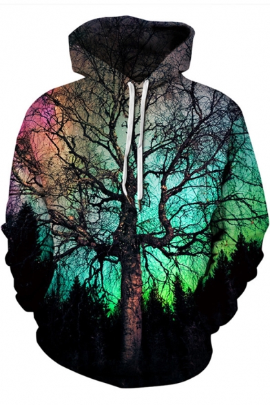 Unique 3D Tree Printed Basic Long Sleeve Pullover Drawstring Hoodie