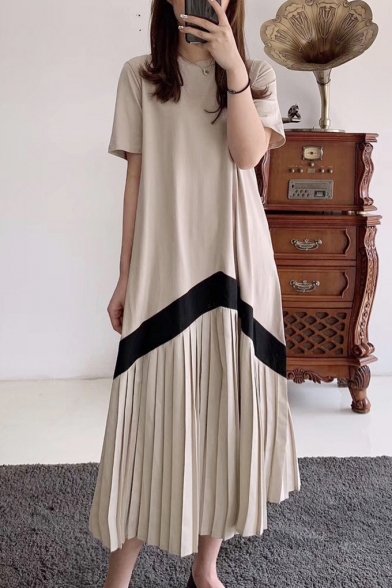 Unique Chevron Striped Printed Round Neck Short Sleeve Maxi Casual Pleated T-Shirt Dress