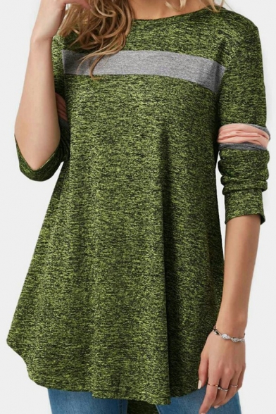 Women's Color Block Long Sleeve Round Neck Green Asymmetric Hem Tee