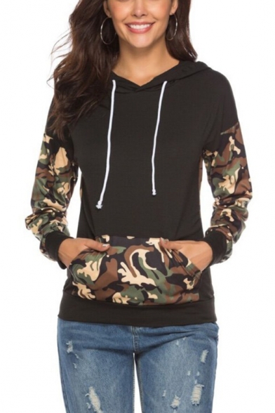 Women's Cool Camouflage Patchwork Long Sleeve Drawstring Hood Black Hoodie with Pocket