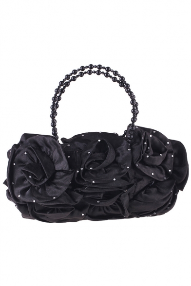 Women's Elegant Ruffled Floral Rhinestone Embellishment Beaded Handle Clutch Handbag 30*18 CM