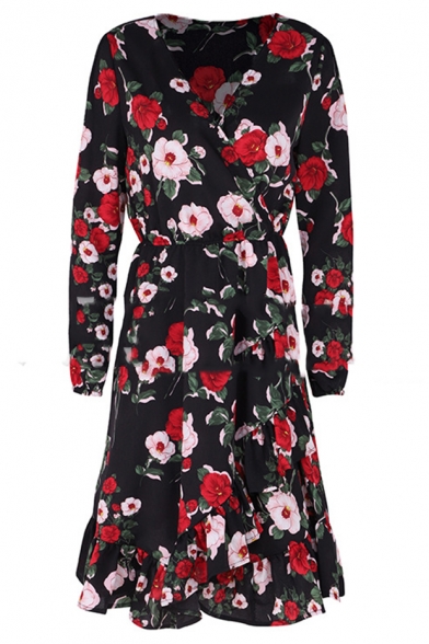 Women's Fashion Floral Print Long Sleeve V-Neck Ruffle Hem Mini A-Line Black Dress