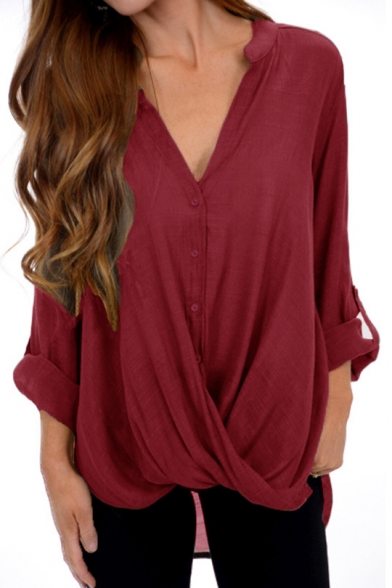 Women's Fashion Simple Plain V-Neck Long Sleeve Button Down Twist Hem Asymmetrical Shirt Blouse