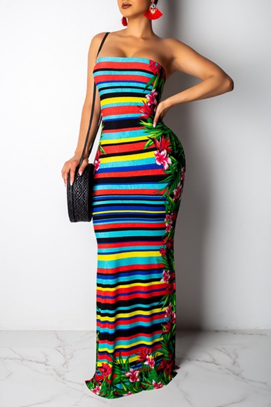 Women's Fashionable Off The Shoulder Rainbow Stripes Floral Printed Backless Bodycon Maxi Dress