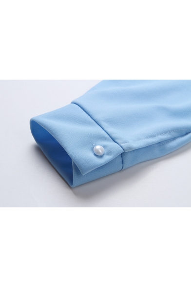 Women's Long Sleeve Collared Plain Button-Front Lace Hem Plus Size Mini Shirt Light Blue Dress