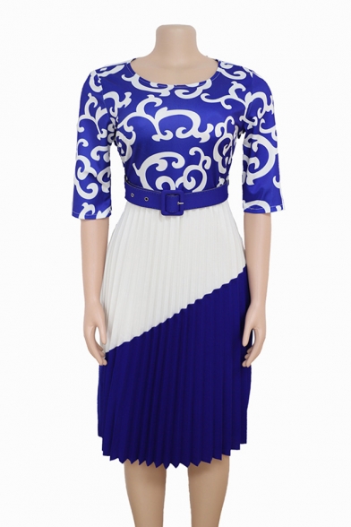 Women's New Colorblock Printed Round Neck 3/4 Sleeve Belted Pleated Detail Midi A-Line Dress