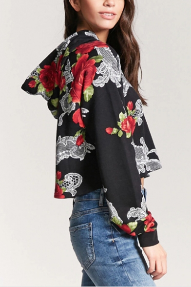 Women's New Stylish Floral Print Drawstring Hood Long Sleeve Cropped Hoodie