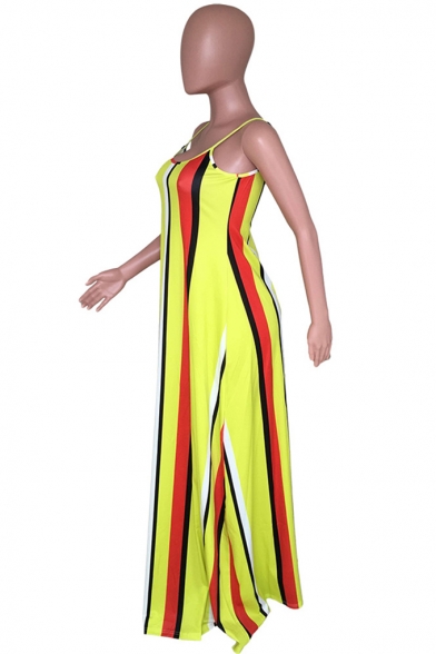 Women's Stylish Spaghetti Straps Sleeveless Stripes Printed Maxi Slip Swing Yellow Dress
