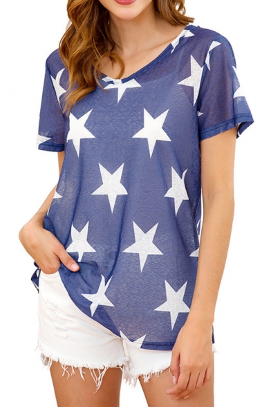 Women's Summer Trendy Allover Five-Point Star Print V-Neck Short Sleeve Casual Tee