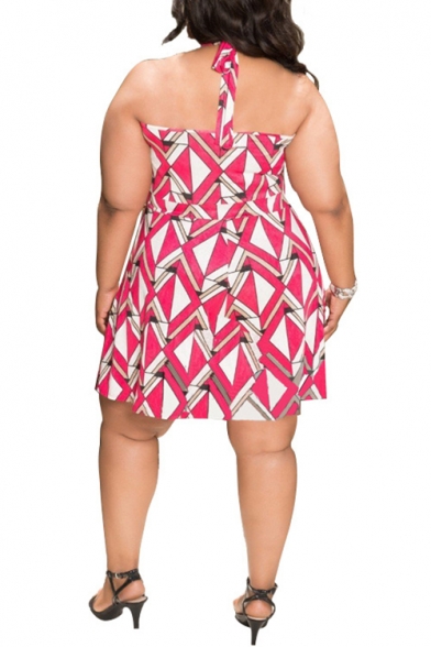 Women's Unique Geometric Print Sleeveless Halter Neck Backless Plus Size Mini Red Dress