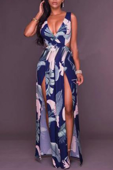 Women Sexy Plunge Neck Floral Printed Split Side Bow-Tied Waist Bodycon Maxi Navy Dress