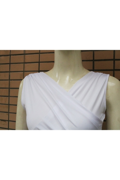 Womens Basic Simple Solid Color Surplice V-Neck Sleeveless Asymmetrical Midi Bodycon White Dress