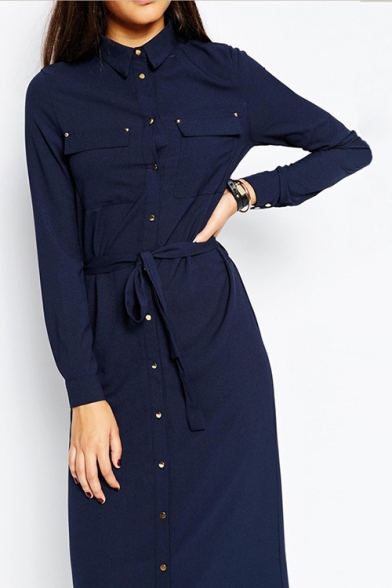 Womens New Fancy Basic Simple Plain Long Sleeve Button Down Tied Waist Dark Blue Maxi Shirt Dress