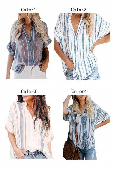 Womens New Trendy Vertical Striped Print Casual Loose Button Down Shirt