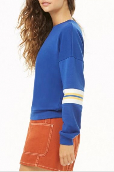 Womens Popular Colorblocked Stripe Long Sleeve Round Neck Blue Casual Sweatshirt