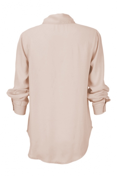 Womens Stylish Simple Solid Color Tied V-Neck Long Sleeve Casual Chiffon Top