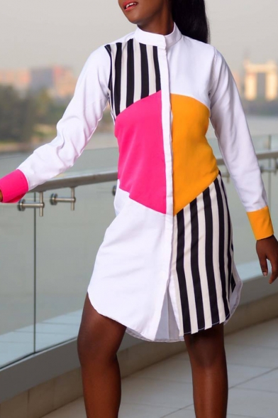 Womens Stylish Unique Stripe Colorblock Long Sleeve Button Down Mini Shirt Dress