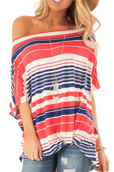 Womens Summer Trendy Colorful Striped Printed Cold Shoulder Twist Hem Loose Longline T-Shirt
