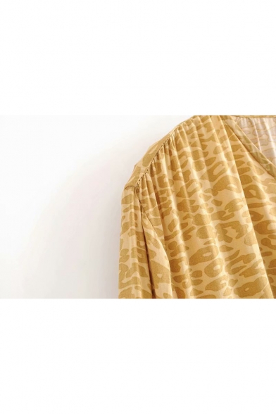 Womens Trendy Khaki Leopard Printed V-Neck Lantern Long Sleeve Casual Loose Mini Dress