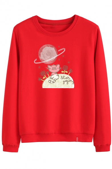 Cartoon Cat Star Planet Floral Print Cotton Round Neck Long Sleeve Sweatshirt