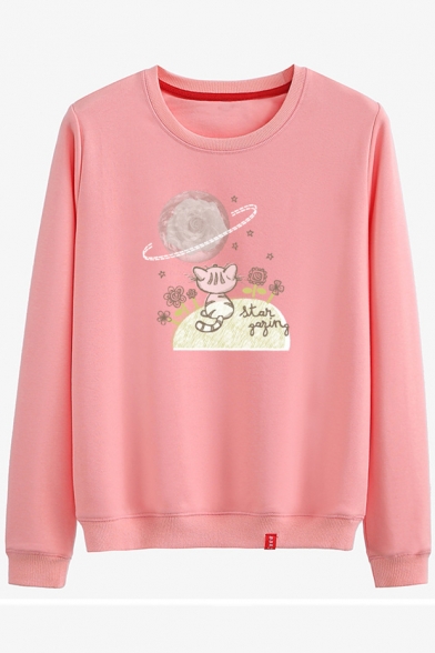 Cartoon Cat Star Planet Floral Print Cotton Round Neck Long Sleeve Sweatshirt