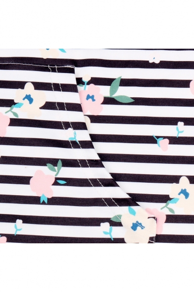 Chic Floral Stripe Printed Zipper Collar Glove Long Sleeve Black Slim Hoodie