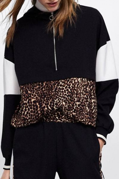 Chic Leopard Patched Colorblock Long Sleeve Half-Zip Front Casual Loose Hoodie