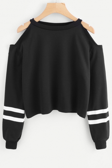 Chic Simple Striped Long Sleeve Cold Shoulder Cropped Black Sweatshirt
