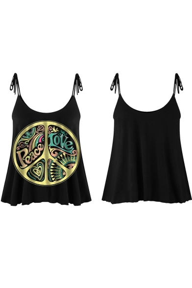 Circle Letter PEACE LOVE Print Fashion Bow-Tied Straps Loose Fit Black Cami Top
