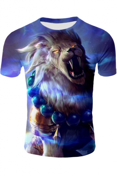 Cool 3D Lion Pattern Round Neck Short Sleeve Blue Casual Loose Tee