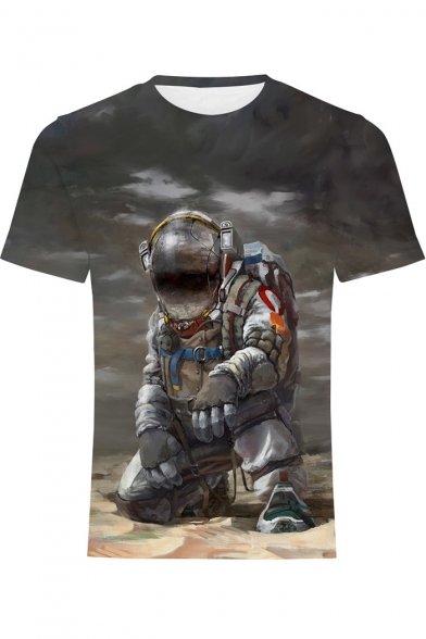 Cool Astronaut 3D Figure Printed Round Neck Short Sleeve Grey T-Shirt