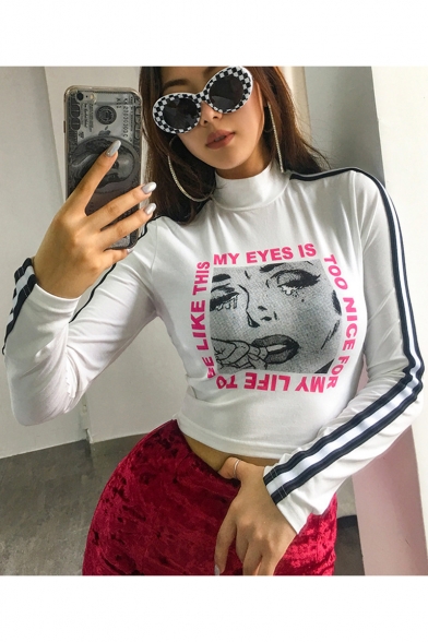 Cool Comic Crying Girl Letter Print Striped Long Sleeve High Neck Cropped White Tee