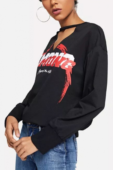Cool Simple Letter AMONG Hollow Out V-Neck Long Sleeve Black Casual Sweatshirt
