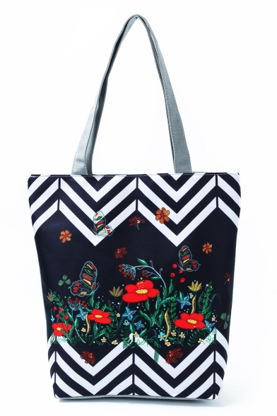 Creative National Style Floral Wavy Stripes Printed Black and White Tote Shopper Bag 27*11*38 CM