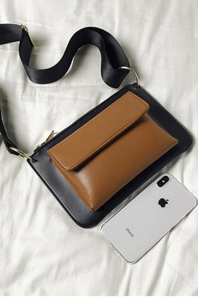 Designer Color Block PU Leather Flat Pocket Front Crossbody Shoulder Bag 23*3*15 CM