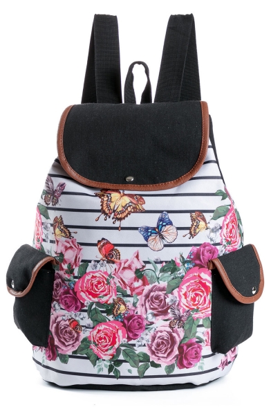 Designer Unique Floral Butterfly Stripe Pattern Black and White School Backpack with Side Pockets 28*11*39 CM