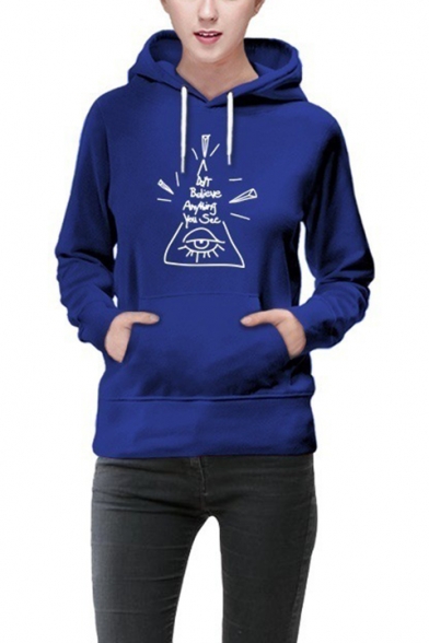 DONT BELIEVE ANYTHING YOU SEE Letter Eye Printed Drawstring Long Sleeve Pocket Hoodie