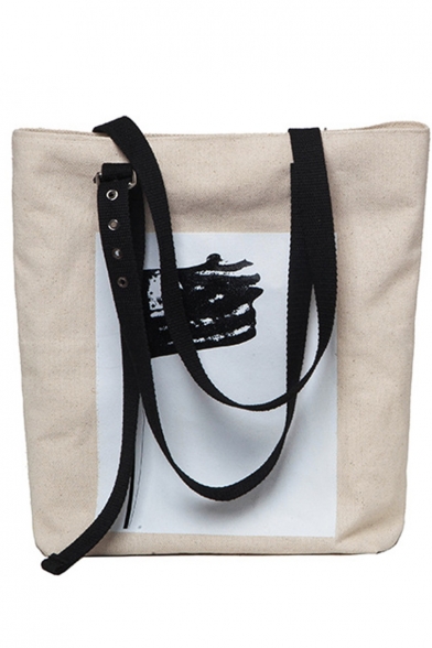 Fashion Color Block Flag Printed Ribbon Embellishment Beige Canvas Shoulder Bag 36*9*38 CM