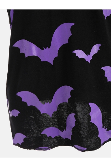 Fashion Halloween Crisscross Tie Mesh Patched Long Sleeve Round Neck Bat Print Black T-Shirt for Women