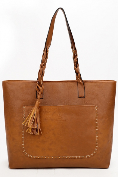 Fashion Plain Tassel Embellishment Large Capacity Tote Bag with Pocket 34*30*12 CM