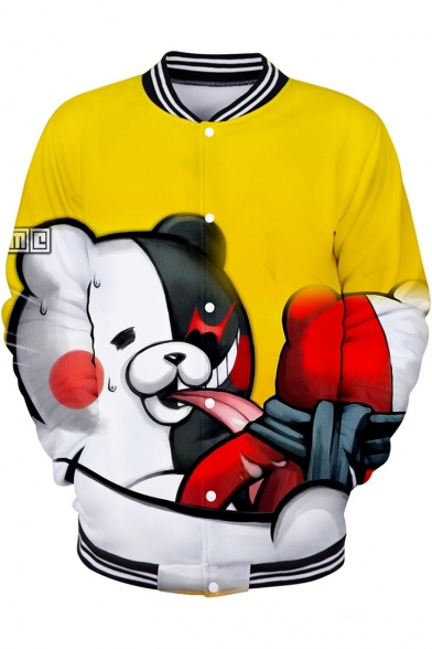 Funny Cartoon Comic Black and White Bear 3D Printed Rib Stand Collar Button Down Baseball Jacket