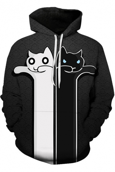 Funny Cute Cartoon Black and White Cat Pattern Casual Loose Unisex Hoodie