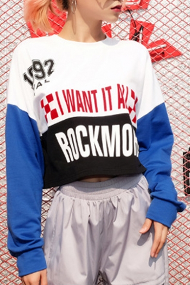 Girls Cool Letter I WANT IT ALL ROCK MORE Colorblocked Round Neck Long Sleeve Cropped Sweatshirt