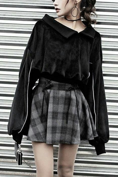 Girls New Fashion Oblique Shoulder Turn Down Collar Long Sleeve Black Velvet Sweatshirt