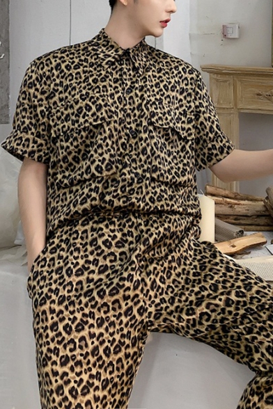 Guys Cool Street Fashion Hip Hop Style Khaki Leopard Printed Short Sleeve Hair Stylist DJ Coveralls Jumpsuits