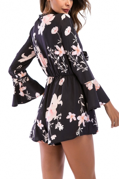 Hot Fashion Bell Long Sleeve Plunge Neck Floral Print Bow Detail Mini Dress For Women