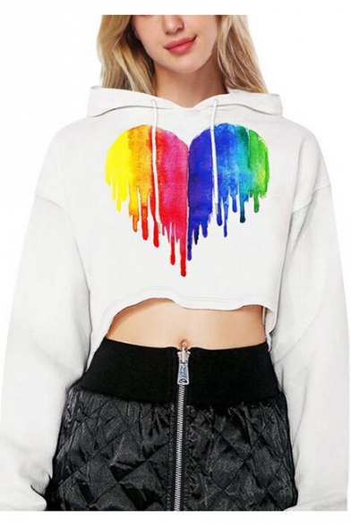 Hot Fashion Colorblock Heart Print Drawstring Hood Long Sleeve White Cropped Hoodie for Women