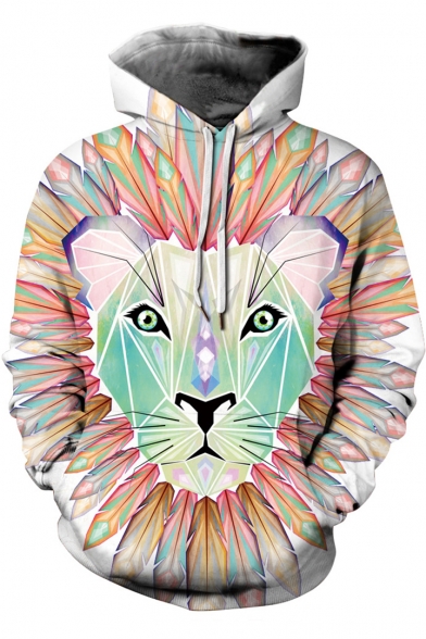 Hot Fashion Lion Print Long Sleeve White Unisex Hoodie with Pocket