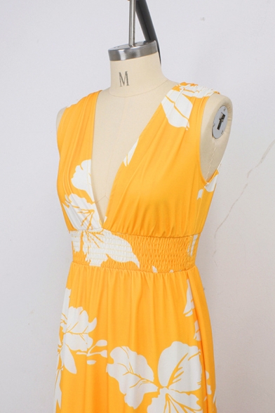 Hot Fashion Plunge Neck Sleeveless Floral Printed V-Back Maxi Swing Dress